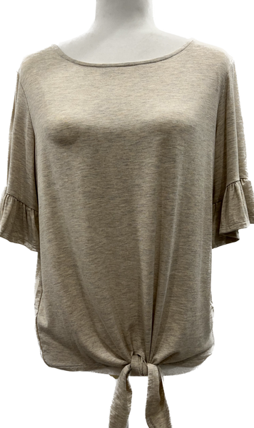 Ruffle Sleeve and Front Tie Oatmeal Tee