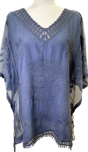 Embroidered Floral Top - Slate Blue