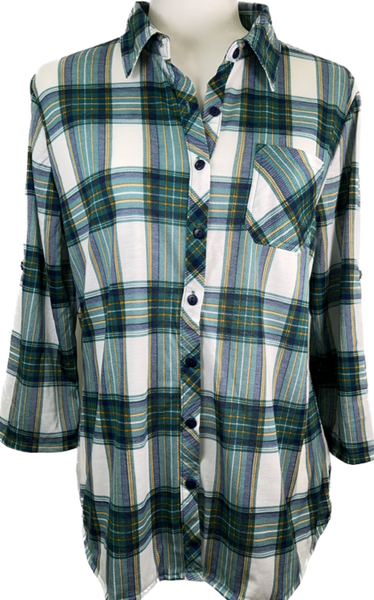 Blue-Green Plaid Button Down Collar Shirt