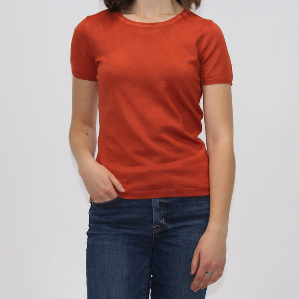 Material: Viscose, Nylon Crew Neck Knit Sweater Tee - Rust