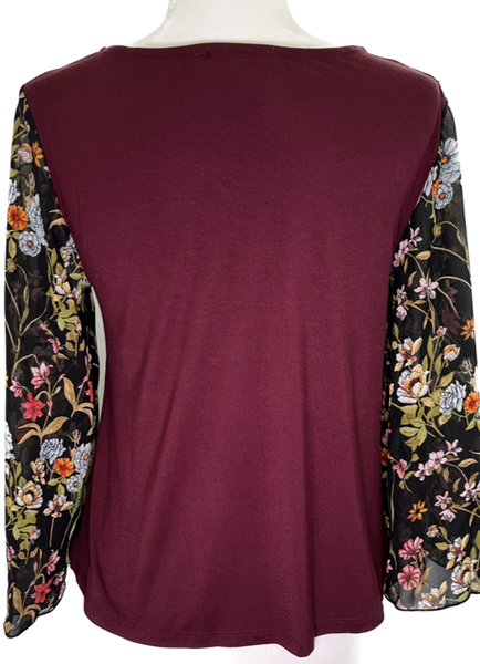 Floral Sleeve Top - Wine