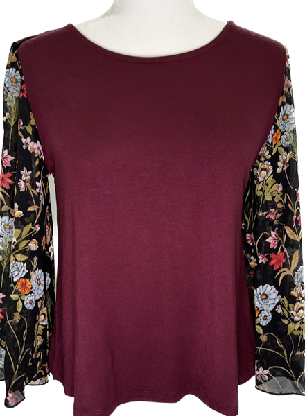 Floral Sleeve Top - Wine